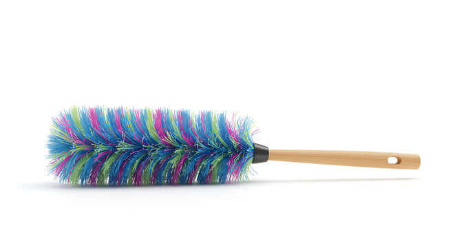 Colorful duster brush with wooden handle, household cleaning tool used for removing dust at home.