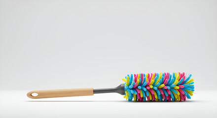 Colorful duster brush with wooden handle, household cleaning tool used for removing dust at home.
