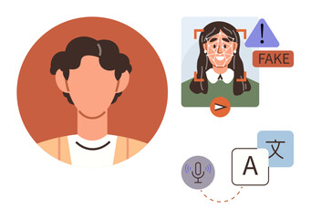 Human portrait with digital face analysis, fake content alert, speech recognition, and translation tools. Ideal for AI ethics, cybersecurity, digital forensics, media literacy, misinformation