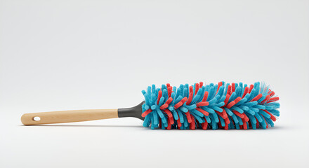 Colorful duster brush with wooden handle, household cleaning tool used for removing dust at home.