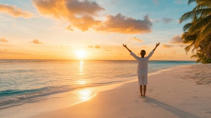 Woman embracing a tropical beach sunset