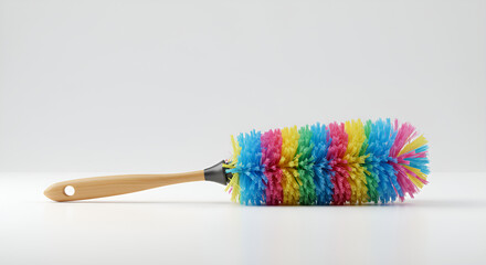 Colorful duster brush with wooden handle, household cleaning tool used for removing dust at home.