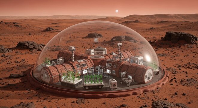 Futuristic Mars Habitat Colonization Base Under Dome Protection with Agriculture and Technology