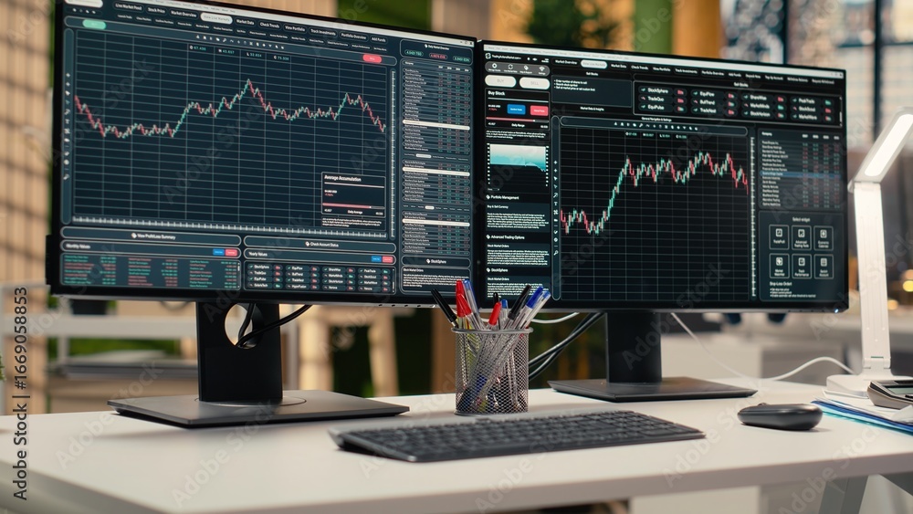 Poster trading software in prop firm office with price graphs and technical indicators visible on screens. 