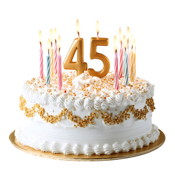 Birthday cake with lit candles celebrating a 45th anniversary