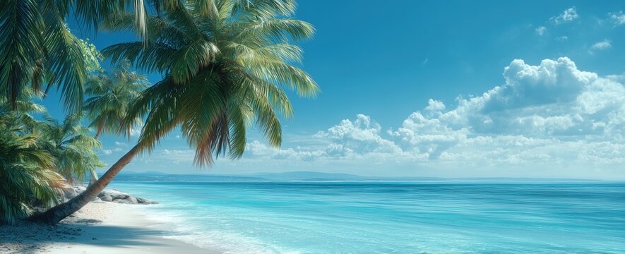 a beautiful tropical beach with palm trees and clear blue water, a tropical background with a palm tree hanging over the ocean, a blue sky with white clouds, a relaxing vacation scene Generative AI