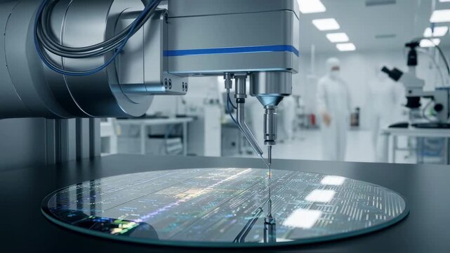 Side view of a precision prober positioning needle probes over photonic integrated circuit wafer for realtime optical testing in a cleanroom environment.