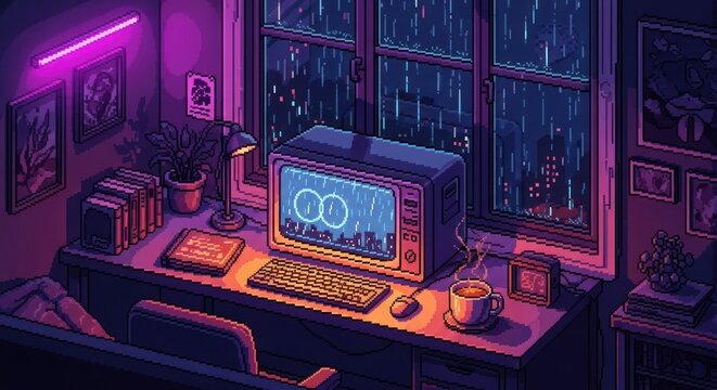 Pixelated rainy night vibes: A cozy digital workspace with vintage computer and warm lighting