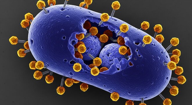 A detailed micrograph showing bacteriophage viruses infecting and destroying a host bacterium through lysis