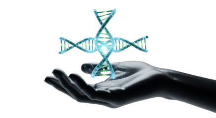 Dna structure in hand for science research and genetic engineering concept medical innovation design on transparent background