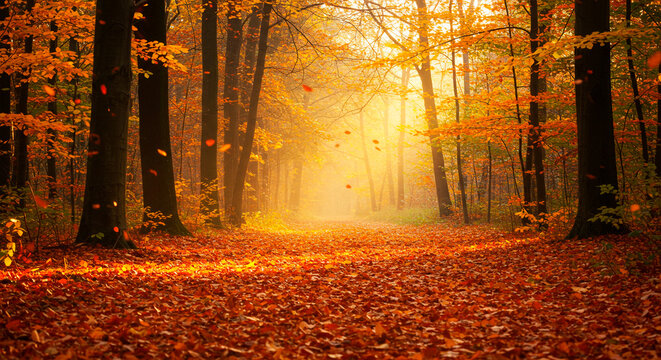 Golden autumn forest with sun rays and fallen leaves on the ground