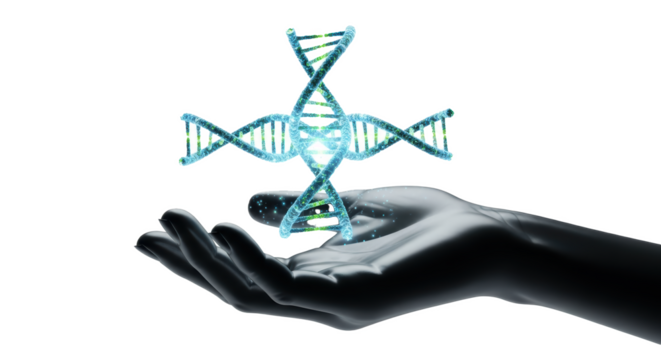Dna structure in hand for science research and genetic engineering concept medical innovation design on transparent background