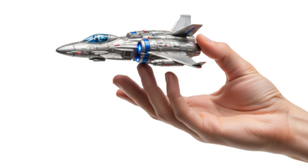 Hand holding toy spaceship model silver futuristic aircraft miniature airplane collectible space travel concept on transparent background