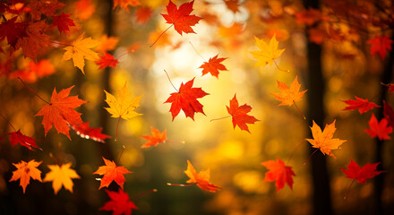 Vibrant fall leaves falling in a forest with soft focus and sun rays