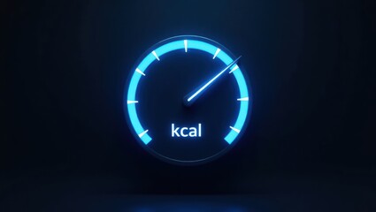 A glowing, bright blue calorie gauge, set against a dark backdrop, displays a modern digital aesthetic.