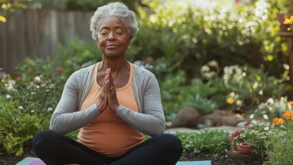 A senior practicing yoga outdoors in a garden. - Powered by Adobe