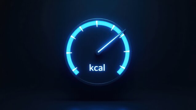 A glowing, bright blue calorie gauge, set against a dark backdrop, displays a modern digital aesthetic.