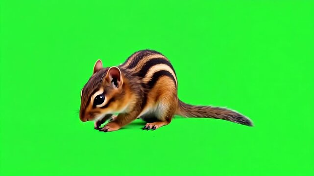 Adorable chipmunk enjoying a snack on a bright green screen background, perfect for adding to commercial projects