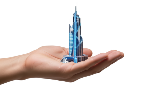 Miniature building model on hand futuristic architecture design skyscraper modern city skyline tiny tower on transparent background