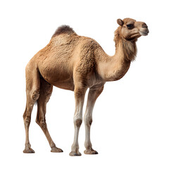 Majestic desert camel stands confidently against a clean white background, ready for adventure.