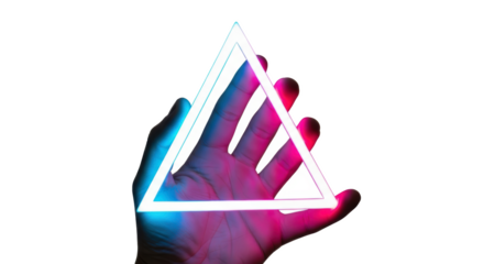 Neon triangle glowing in hand against black background modern futuristic design concept illustration art on transparent background