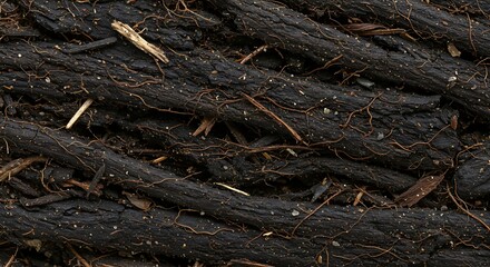 Fototapeta premium Rustic entanglement of dark, weathered organic fibers, detailed with subtle imperfections and natural debris, forming a rich, textured surface with an authentic, earthy appeal