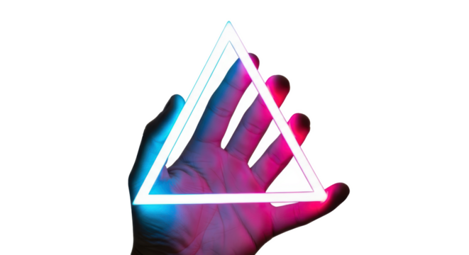 Neon triangle glowing in hand against black background modern futuristic design concept illustration art on transparent background - Powered by Adobe