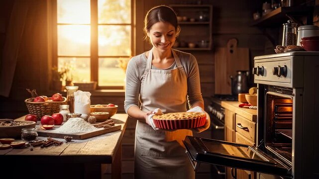 Young woman baking apple pie, carefully placing it into the oven in rustic kitchen footage.