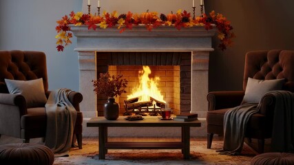 Fireplace with autumn decoration, showing flickering flames and cozy interior ambiance in changing light footage. - Powered by Adobe