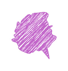 Crayon sketch speech bubble in purple with organic squiggle and diagonal scribble style. This message balloon draws playful chat energy with graphic character and hand drawn text for creative