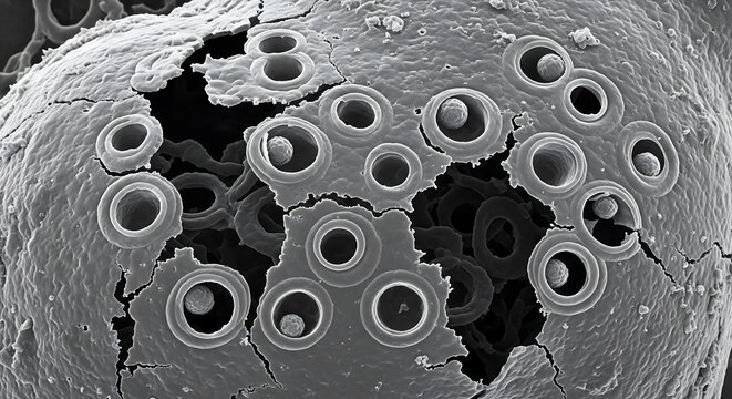 Detailed scanning electron micrograph showing the intricate structure of a fractured coccosphere and its internal coccoliths