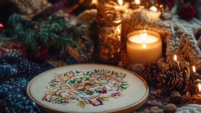 Embroidered ornament design for festive holiday decoration. Cross stitch or needlepoint pattern with colorful floral and traditional craftsmanship. Ideal for those who enjoy seasonal sewing projects.