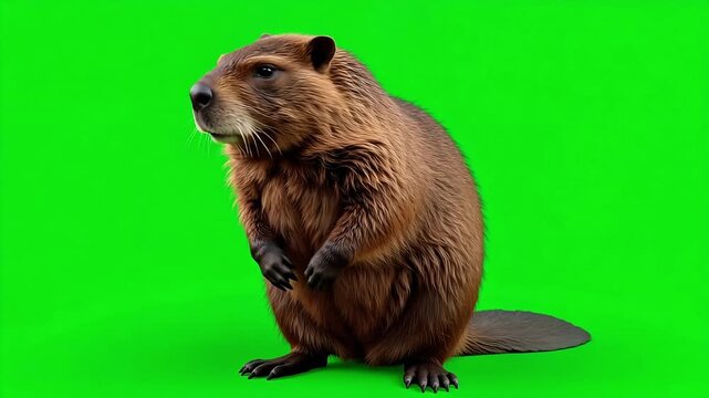 Curious beaver standing tall against a vibrant green screen, ideal for animation and educational content, ready for your creative projects