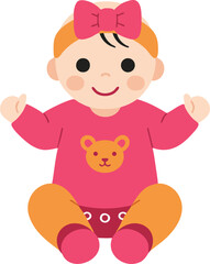 Fototapeta premium Cute baby girl in pink and orange outfit with bow sitting smiling vector illustration 