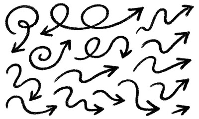 A collection of hand-drawn sketch arrows with rough, textured, charcoal or crayon-like strokes. The arrows are curly, looping, swirly, wavy, and dynamic, pointing in different directions.