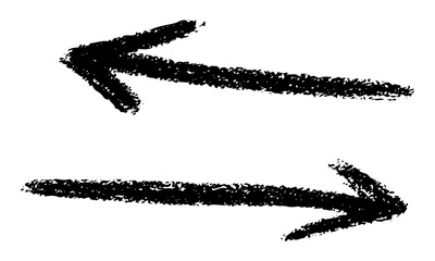 A collection of hand-drawn sketch arrows with rough, textured, charcoal or crayon-like strokes. The arrows are curly, looping, swirly, wavy, and dynamic, pointing in different directions.