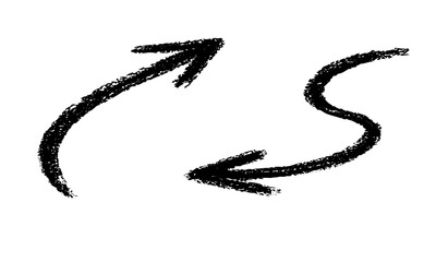 A collection of hand-drawn sketch arrows with rough, textured, charcoal or crayon-like strokes. The arrows are curly, looping, swirly, wavy, and dynamic, pointing in different directions.