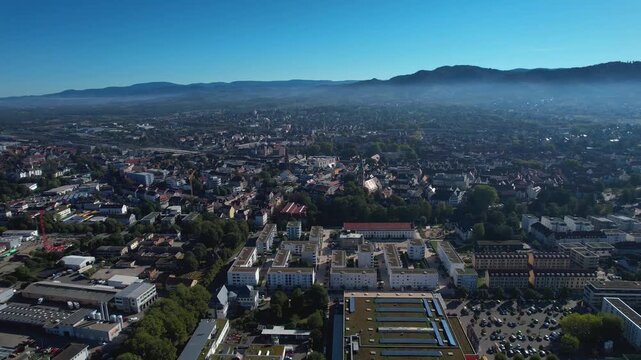 Aerial view around the old town of the city Offenburg, Germany on a sunny spring day