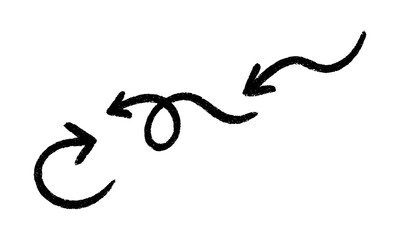 A collection of hand-drawn sketch arrows with rough, textured, charcoal or crayon-like strokes. The arrows are curly, looping, swirly, wavy, and dynamic, pointing in different directions.
