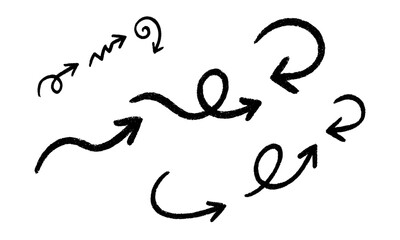 A collection of hand-drawn sketch arrows with rough, textured, charcoal or crayon-like strokes. The arrows are curly, looping, swirly, wavy, and dynamic, pointing in different directions.