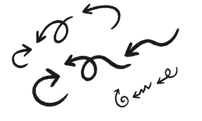 A collection of hand-drawn sketch arrows with rough, textured, charcoal or crayon-like strokes. The arrows are curly, looping, swirly, wavy, and dynamic, pointing in different directions.