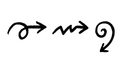 A collection of hand-drawn sketch arrows with rough, textured, charcoal or crayon-like strokes. The arrows are curly, looping, swirly, wavy, and dynamic, pointing in different directions.