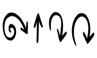 A collection of hand-drawn sketch arrows with rough, textured, charcoal or crayon-like strokes. The arrows are curly, looping, swirly, wavy, and dynamic, pointing in different directions.