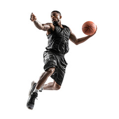 Athletic man in mid-air, focused and determined, dribbling a basketball during a dynamic game on a white background.