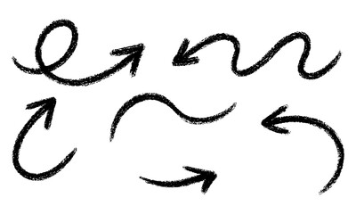 A collection of hand-drawn sketch arrows with rough, textured, charcoal or crayon-like strokes. The arrows are curly, looping, swirly, wavy, and dynamic, pointing in different directions.