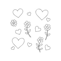 Heart and flower outline pattern in black and white for coloring