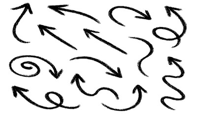 A collection of hand-drawn sketch arrows with rough, textured, charcoal or crayon-like strokes. The arrows are curly, looping, swirly, wavy, and dynamic, pointing in different directions.