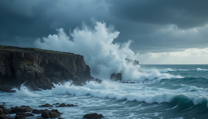 Powerful ocean waves crash against rugged cliffs under a dramatic, stormy sky, creating a scene of raw natural power and beauty