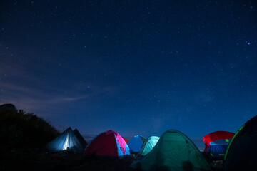 Group of green, light blue and magenta camping tents lit up inside during a blue starry night