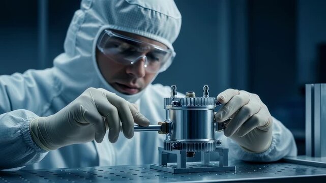 Technician wearing safety gear examining a compact radioisotope thermoelectric generator heatsource encapsulation cell designed for space applications.